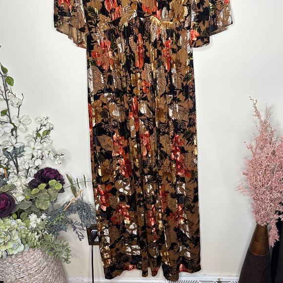 ESHAKTI Autumn Velvet Floral Maxi Dress Gold Black Orange Sz 2X {3V25} - Picture 4 of 7